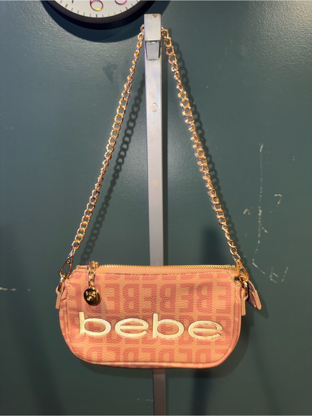 bebe Coral Pink Logo Chain Mini Shoulder Bag